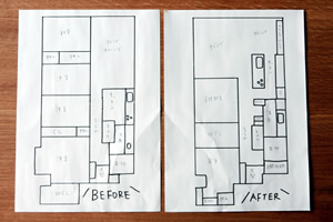 間取りビフォーアフター。4LDKから2LDKにして、水回りも変更した